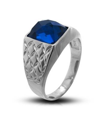 Surinaamse holle zilver cachet ring met rechthoekig blauwe steen