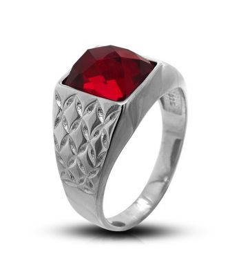 Surinaamse holle zilver cachet ring met rechthoekig rode steen